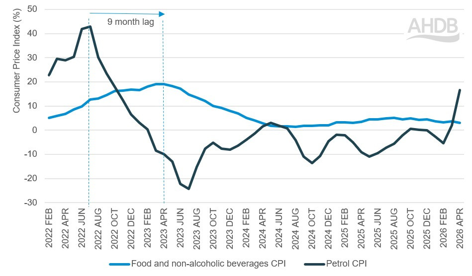 Graph showing food and petrol inflation from 2022 to 2026